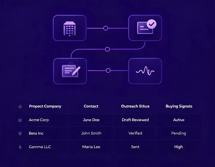 Agent canvas connecting company research, contact review, outreach drafting and signal tracking